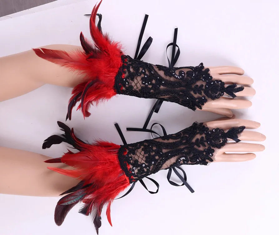 Daniella Feather Cosplay Lace Wrist Gloves (Furry Accessories)