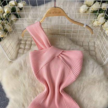 Single Shoulder Ink Knit Dress Backless Tank Striped Slim Bodycon Sundress Women Summer Beachwear Sexy Chic Vestidos