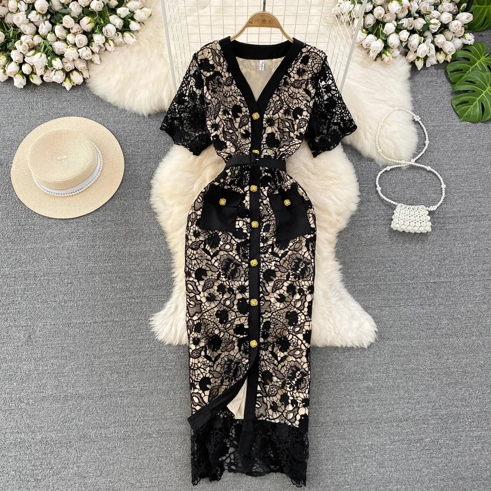 Floral Lace Dress V Neck High Waist Maxi Dresses