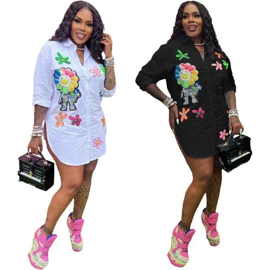 Women Shirts Print Pearls Turn Down Collar Button Elegant Lady Blouses Full Sleeve Spliced Loose Casual Shirt  (Spring)