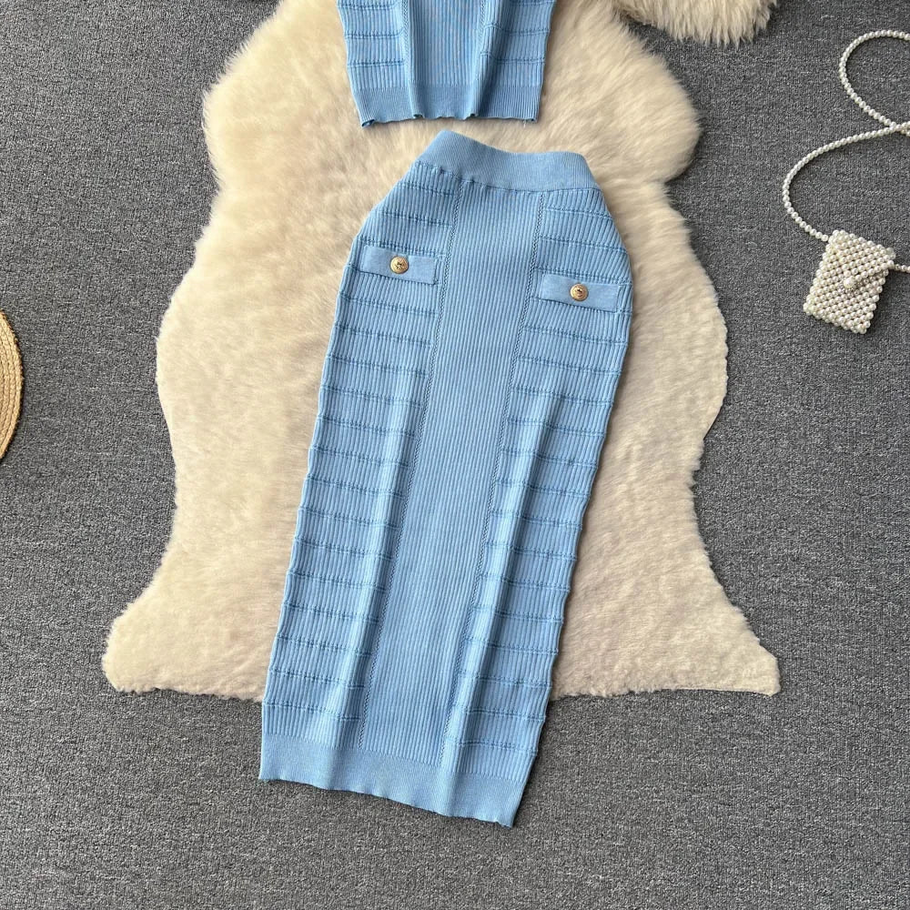 Knitted 2 Pcs. Buttons Crop Top Tanks + Slit Midi Skirt Set