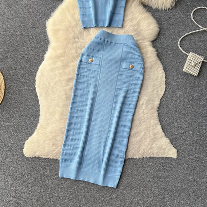 Knitted 2 Pcs. Buttons Crop Top Tanks + Slit Midi Skirt Set