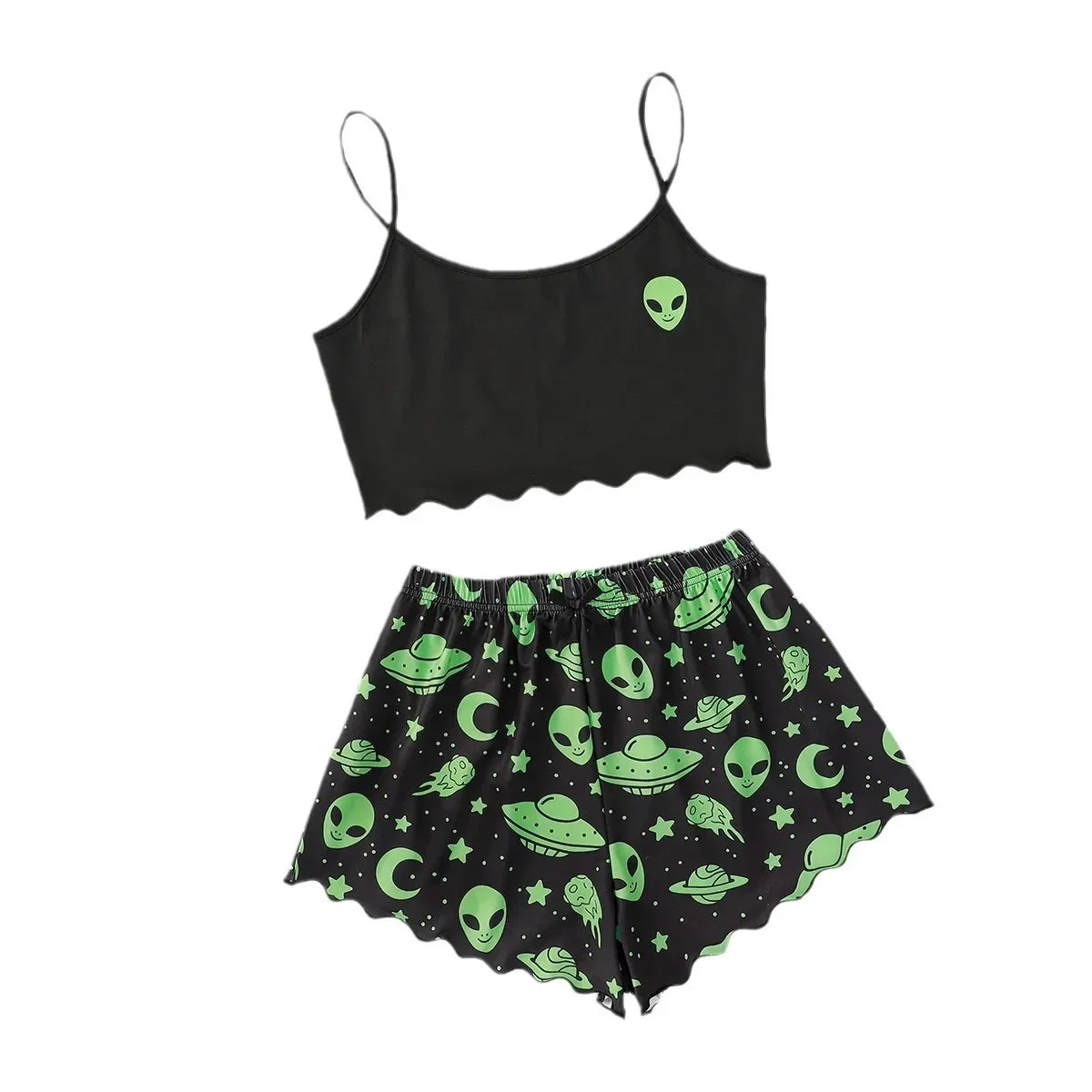 Alien Print Sling Pajamas Set (Top And Shorts)