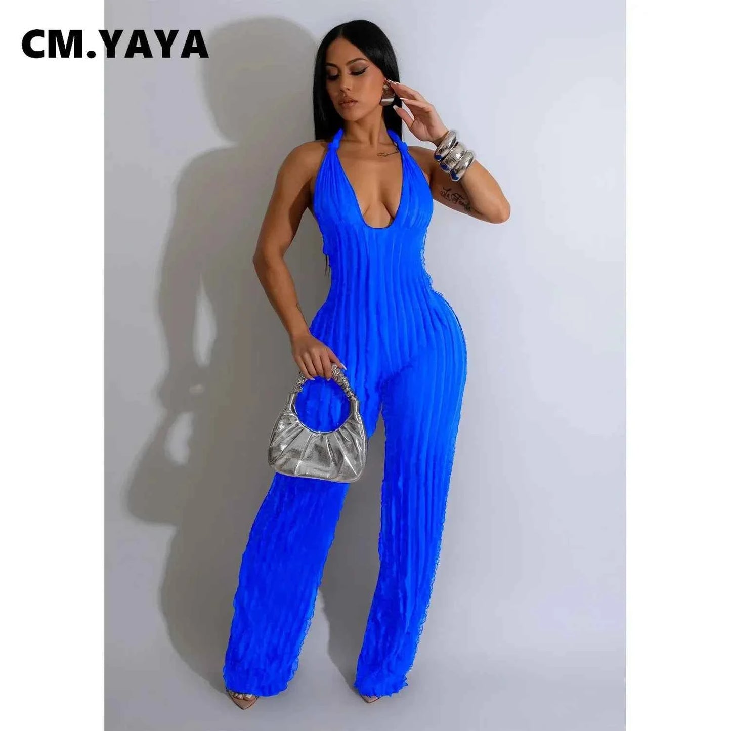 Ruffles Deep V-neck Halter Backless Wide Leg Jumpsuits