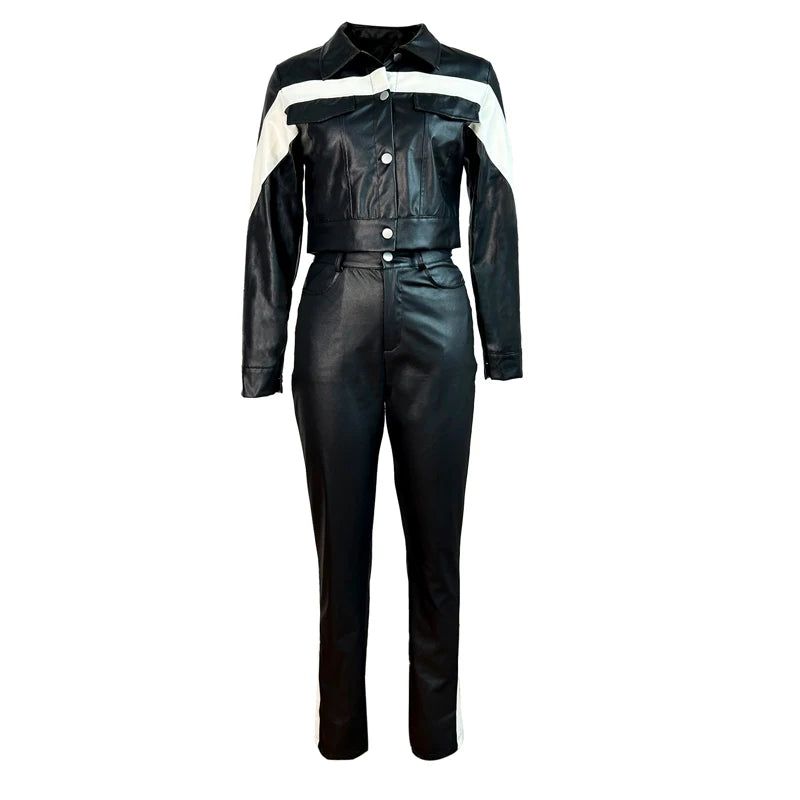 Jackie New Arrivals Faux Leather Jacket and Pants Outfits (Two Piece Set)