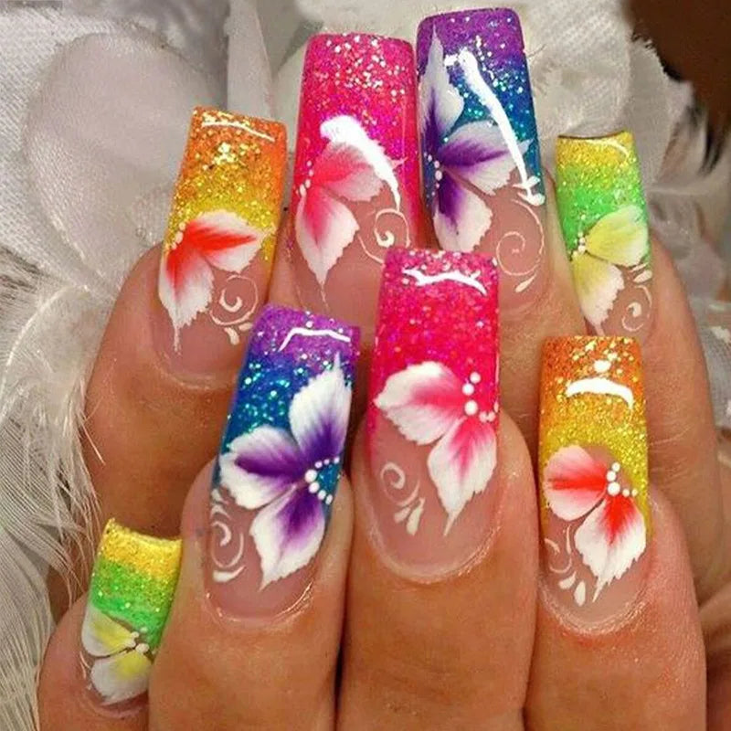 24Pcs Long Ballet False Nails Pink Butterfly with Rhinestones French Design Wearable Fake Nails Glitter Press on Nails Tips Art