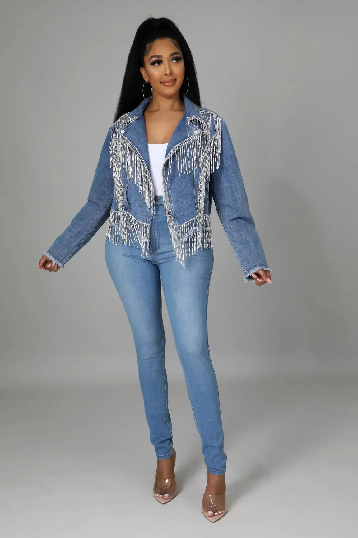 Fatima Crystal Tassel Splicing Long Sleeve Denim Jacket