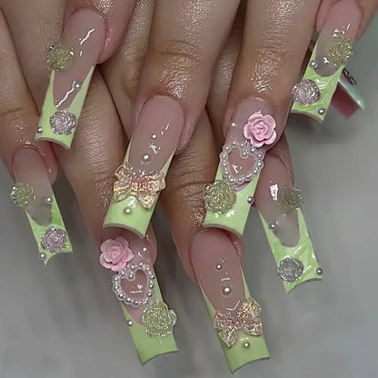 24Pcs Long Ballet False Nails Pink Butterfly with Rhinestones French Design Wearable Fake Nails Glitter Press on Nails Tips Art