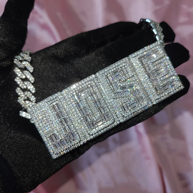 Square Letters Cubic Zircon Name Necklace Personalized Nameplate With Rhinestone Cuban Chain Jewelry