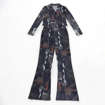 Tie Dye Long Sleeve Lace-up Shirts + Flared Pants Sets