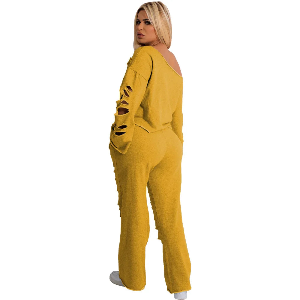 Oliva's Round Neck Pullover Hole Solid Pant Sets