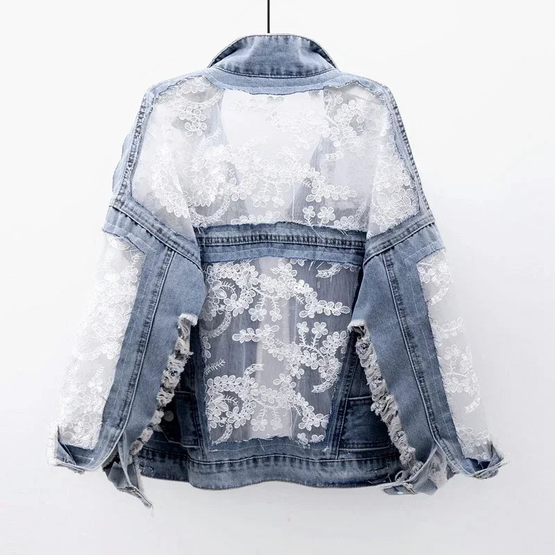 Pircilia Embroidery Lace Patchwork Denim Loose Jeans Coat