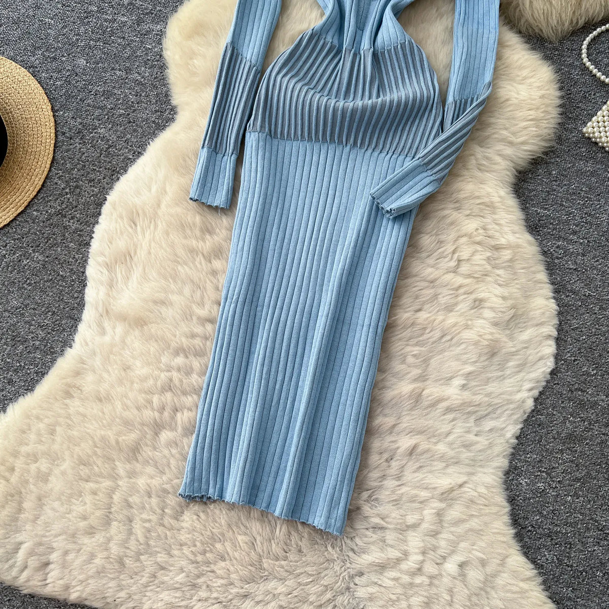 Cold Shoulder Long Sleeve Ribbed Knit Bodycon Midi Dress Elegant Fall Winter