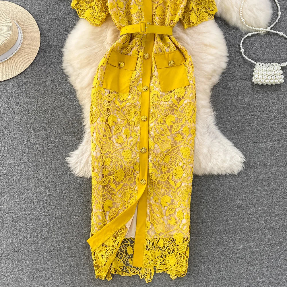Floral Lace Dress V Neck High Waist Maxi Dresses