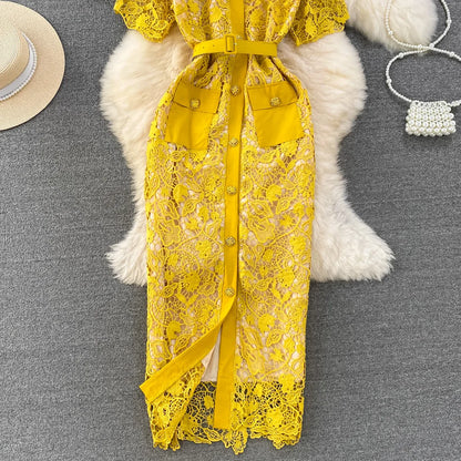 Floral Lace Dress V Neck High Waist Maxi Dresses