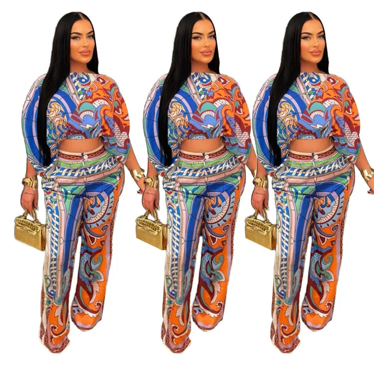 Nuru Batwing Sleeve Blouses and Wide Leg Pant 2 Piece Set