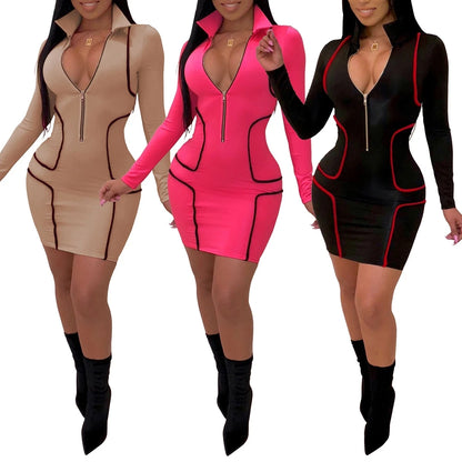 Zipper Stand Collar V Neck Long Sleeve Sheath Mini Dresses Outfits