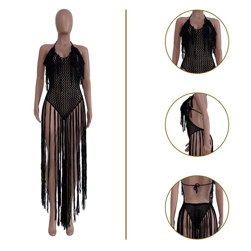 Knitted Tassel See Through Holiday Beach Bodysuits