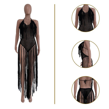 Knitted Tassel See Through Holiday Beach Bodysuits