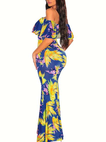 Rose Sunflower Floral Print Strapless  Bodycon Slash Neck Off Shoulder Short Sleeve Polyester Xtra Maxi Dress
