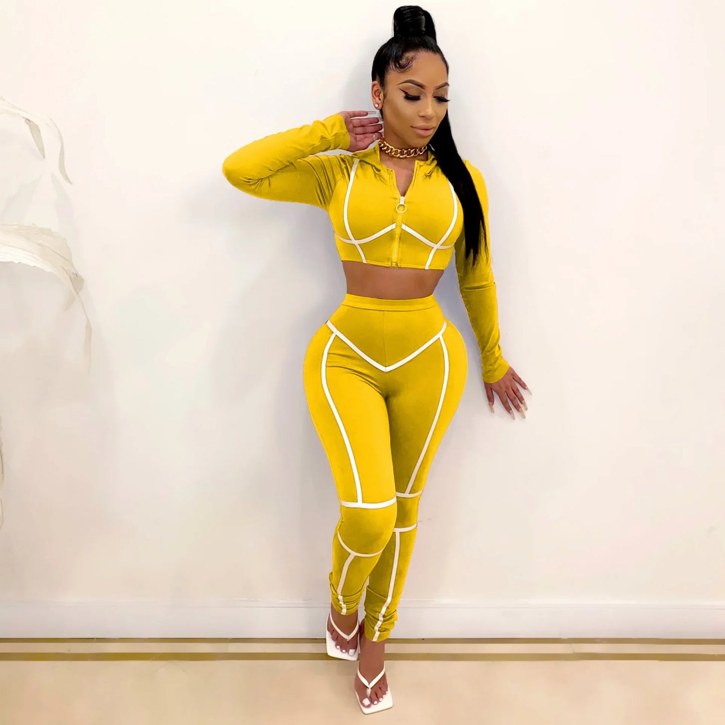 Striped Bandage Full Sleeve O-neck + Pant Sport Sets