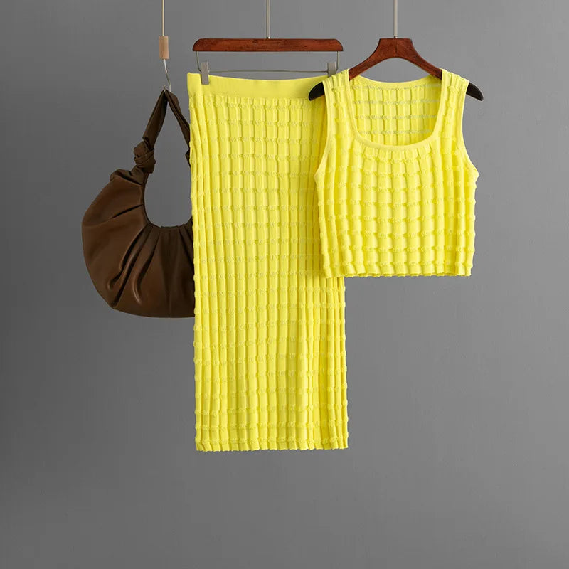 Knit Long Skirts + Straight Casual Spliced Round Neck Vest Sleeveless Tanks Sets