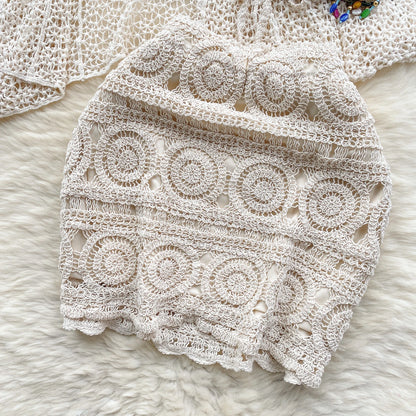 Halter Sleeveless Mini Camis + Hollow Out Cardigan + Elastic Waist Slim Skirt Vintage Swim Sets