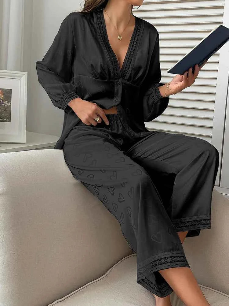 Satin Trousers + V-Neck Comfortable Jacquard Pajama Sets