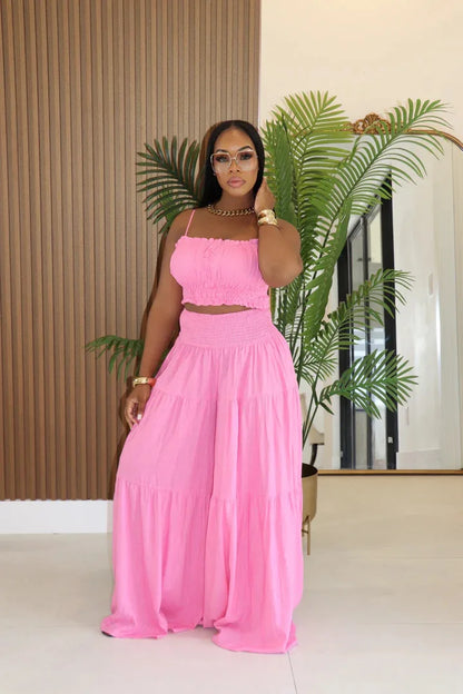 Solid Color Spaghetti Strap Tube Top + Wide Leg Pants