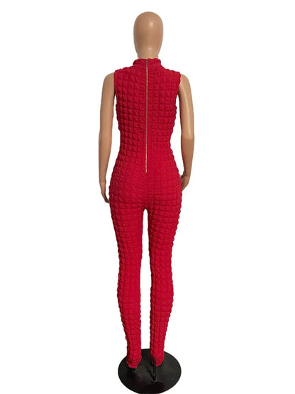 Sleeveless Popcorn Bubble Fabric Front Zipper Jumpsuits