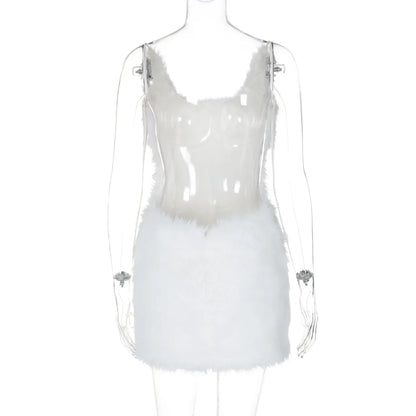 Furry Mini White Dress Hipster Spaghetti Strap Low Cut Backless Body-Shaping Vestidos Birthday Party Clubwear