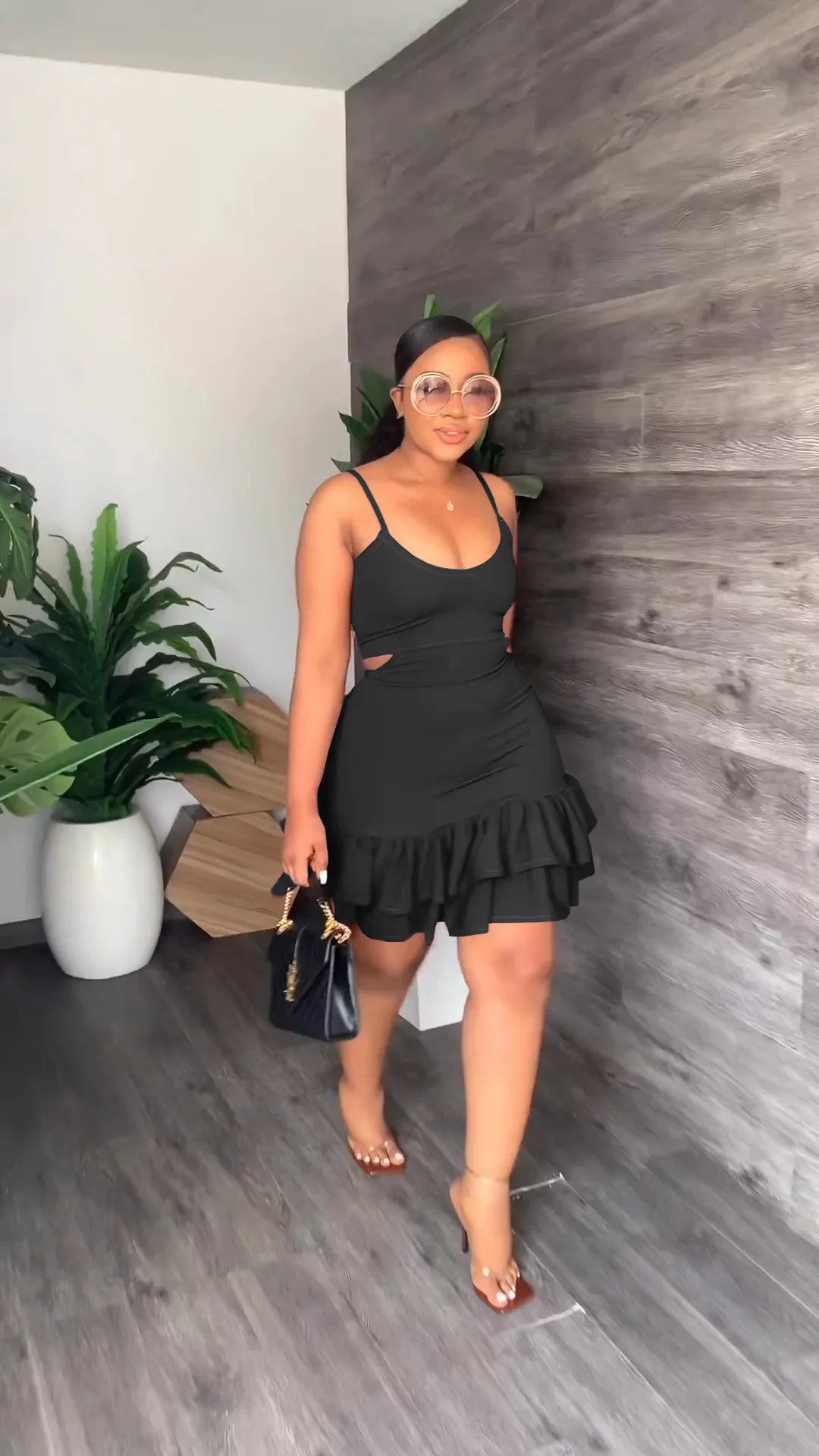 European and American Fashion Sling Low-cut Ruffled Mini Dress