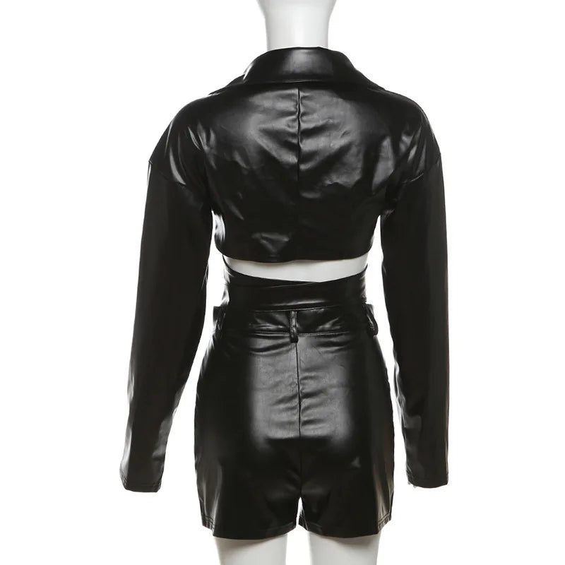 PU Leather Black 2 Piece Set Women Hipster Sexy V-Neck Long Sleeve Crop Top and Shorts Matching Party Clubwear Streetwear