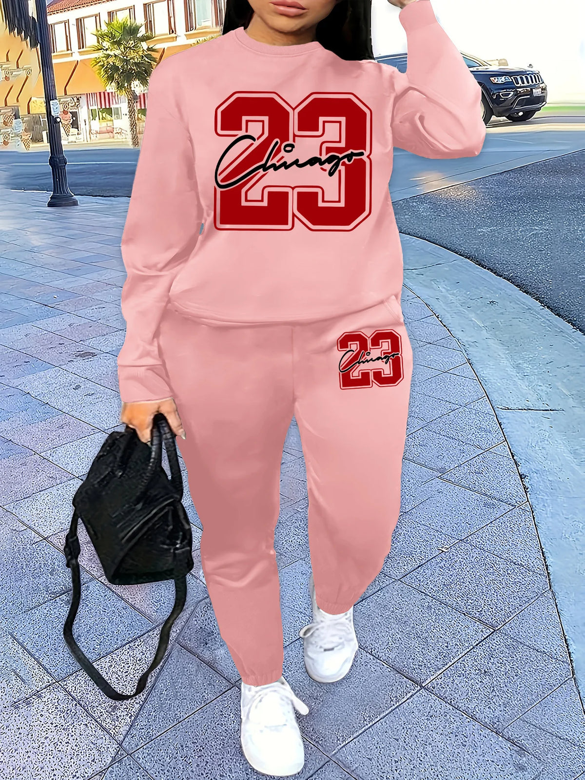 Round-neck pullover + pants set printed design two-piece set fall/winter pullover outfit