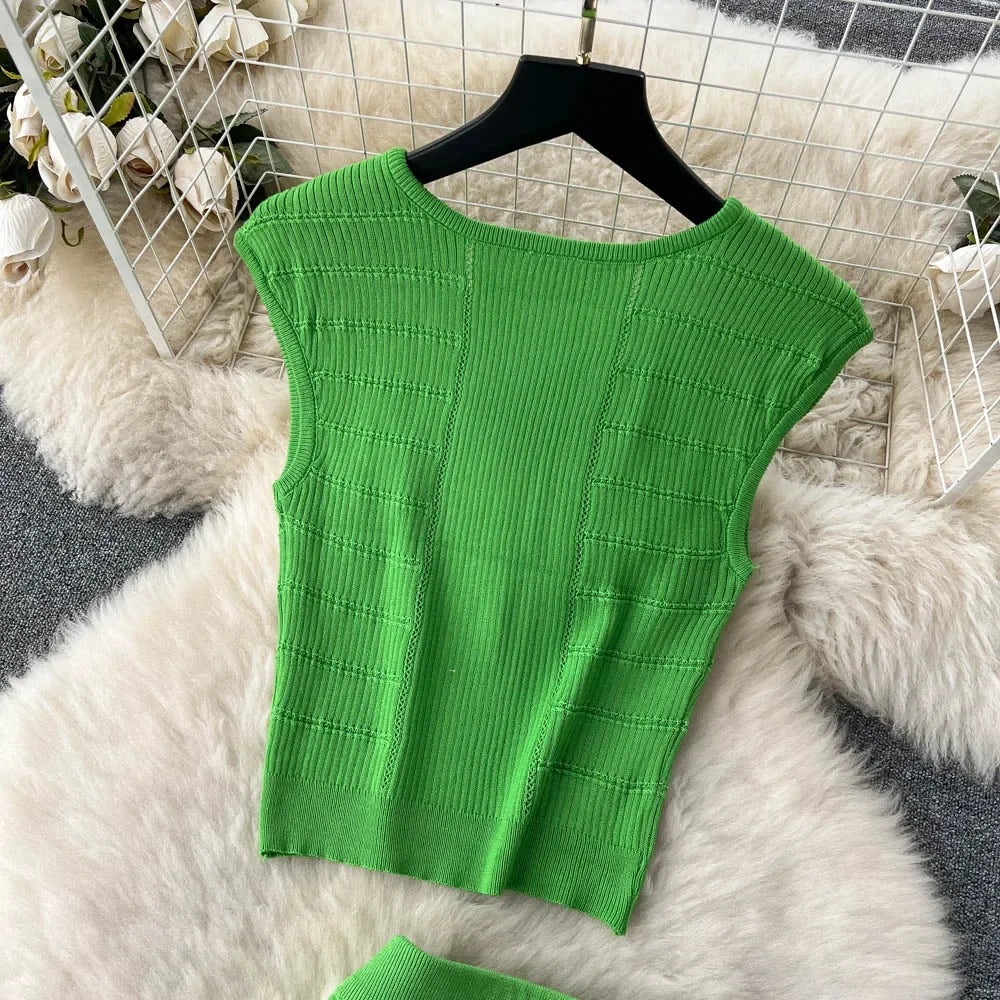 Knitted 2 Pcs. Buttons Crop Top Tanks + Slit Midi Skirt Set