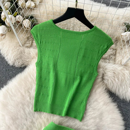Knitted 2 Pcs. Buttons Crop Top Tanks + Slit Midi Skirt Set