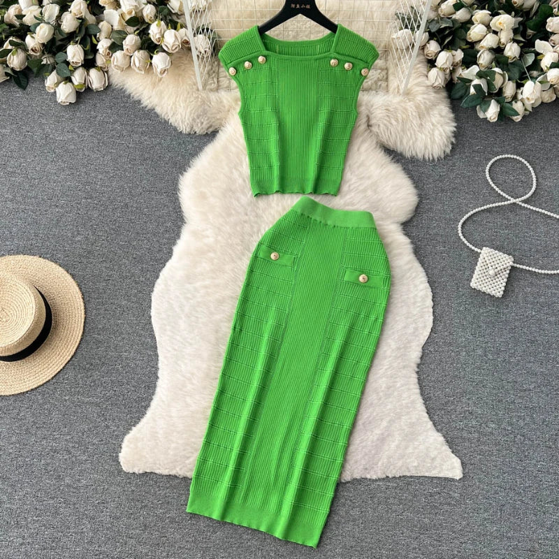 Knitted 2 Pcs. Buttons Crop Top Tanks + Slit Midi Skirt Set