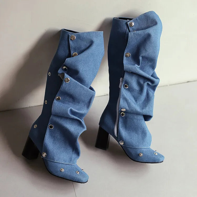 Enashua Denim Square Toe Detachable Rivets 7cm Thick Heel and Knee Length Boots