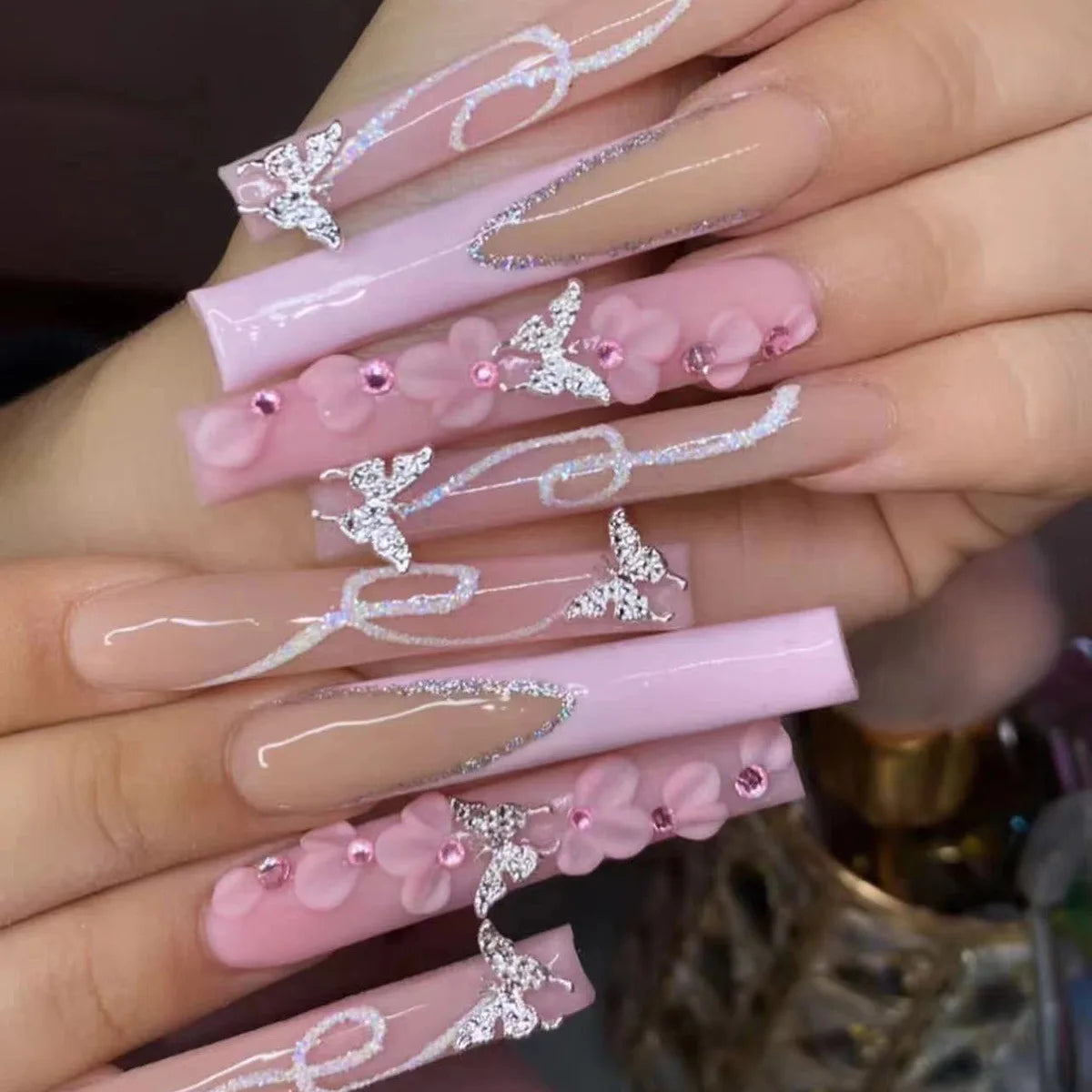 24Pcs Pink Butterfly Design False Nails Extra Long Coffin Fake Nails Wearable French Ballet Press on Nails Full Cover Nail Tips