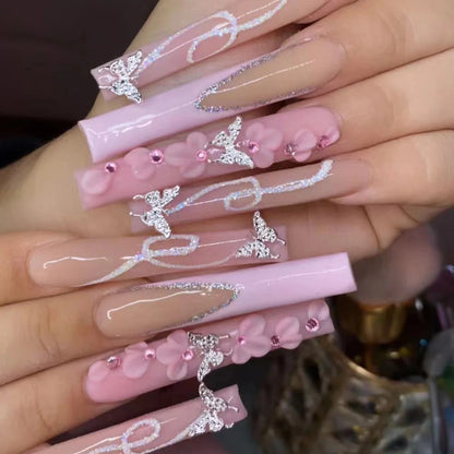 24Pcs Pink Butterfly Design False Nails Extra Long Coffin Fake Nails Wearable French Ballet Press on Nails Full Cover Nail Tips