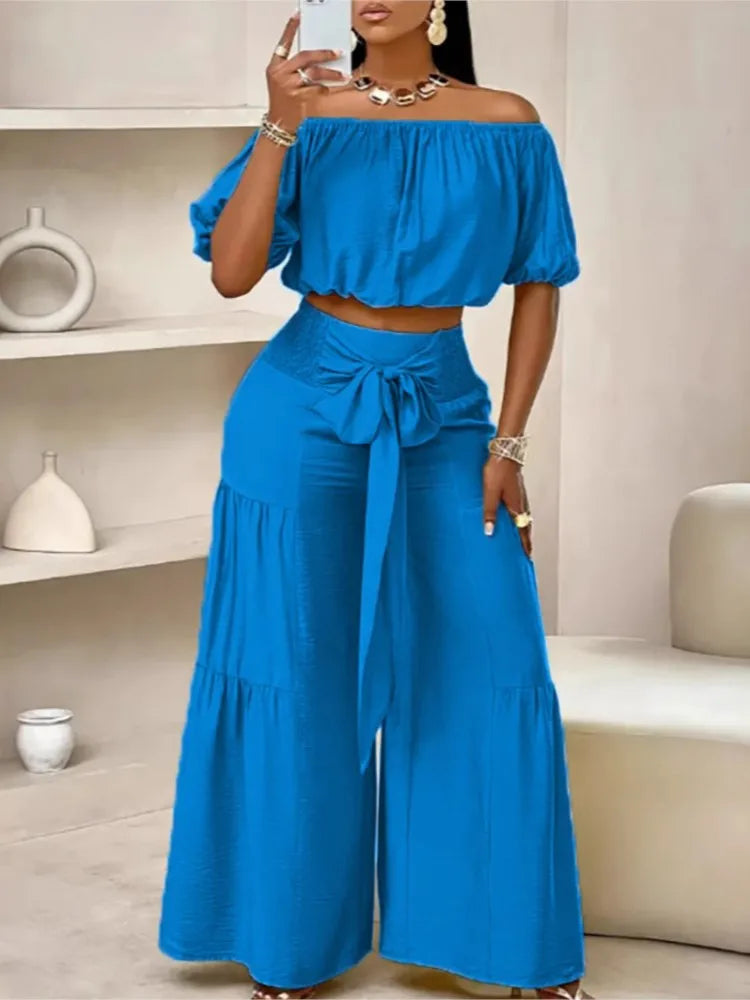 Puff Sleeve O Neck Tops + High Waist Wide Leg Pants (2 Pcs.)