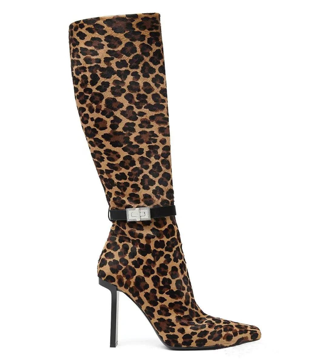 Sanaa Thick Heel Metal Belt Buckle, Side Zipper, Knee Length Leopard Print Boots