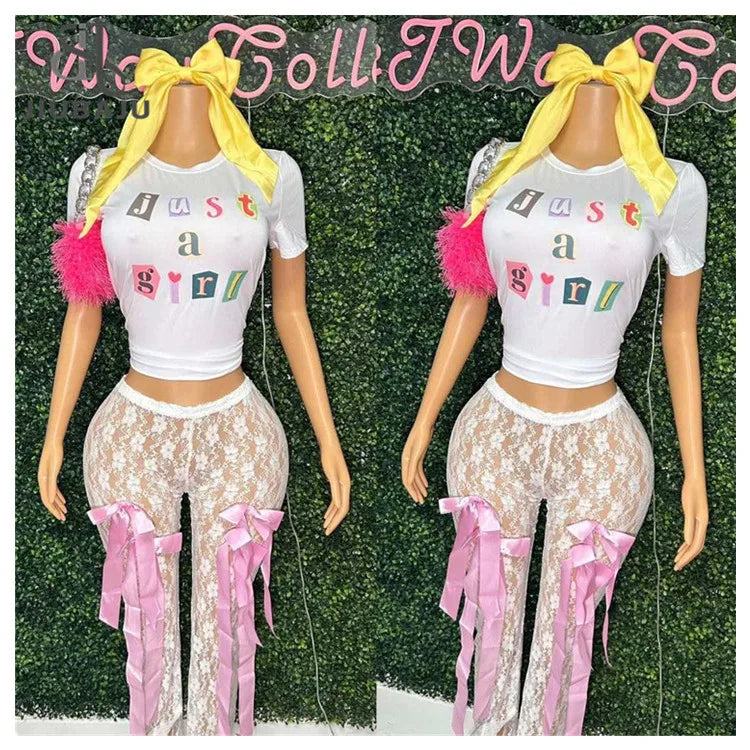 Viviana Two Piece T Shirt and Bow Patchwork Lace Pants