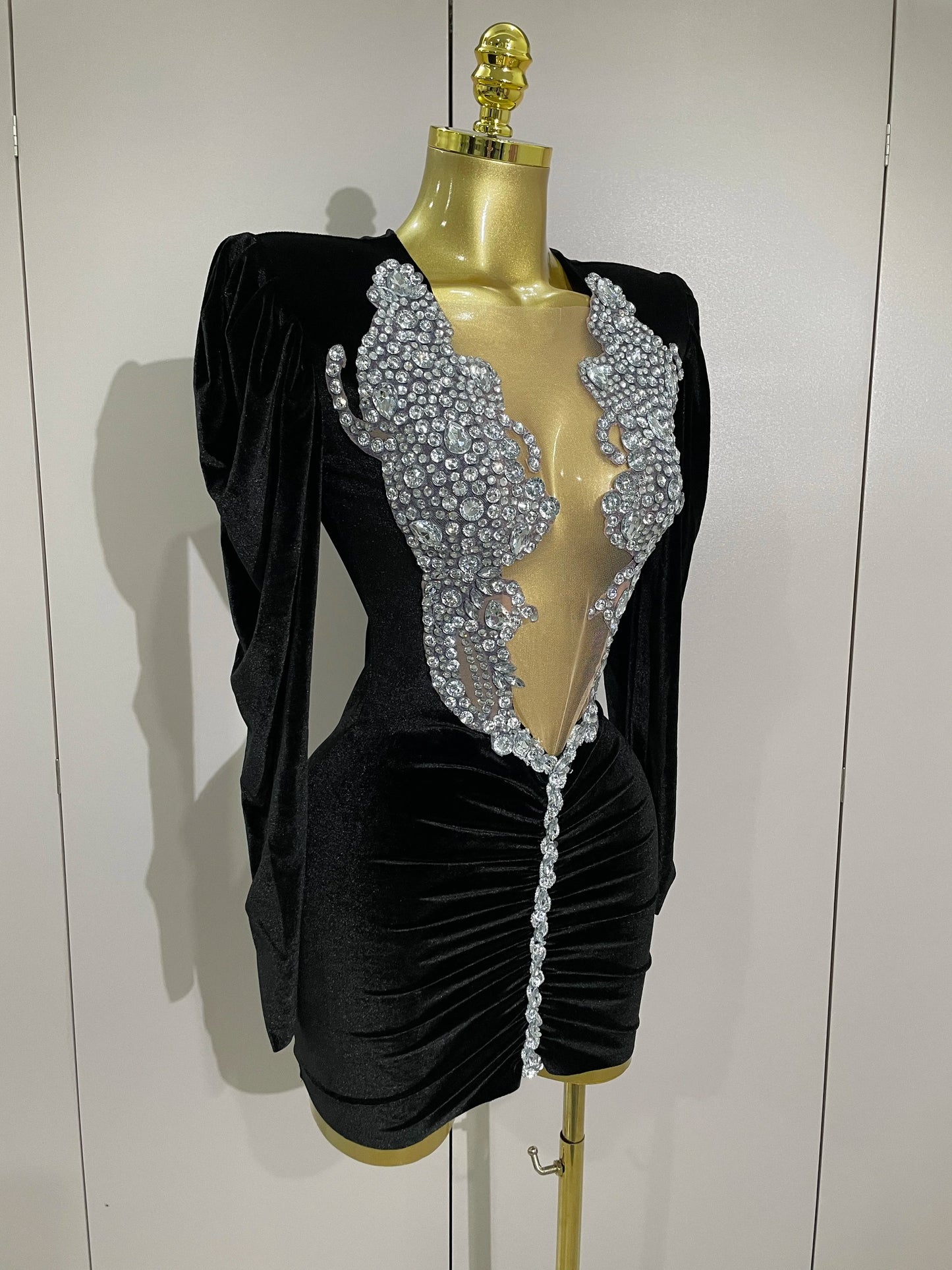 Luxury Sparkly Crystal White Velvet Mini Dresses