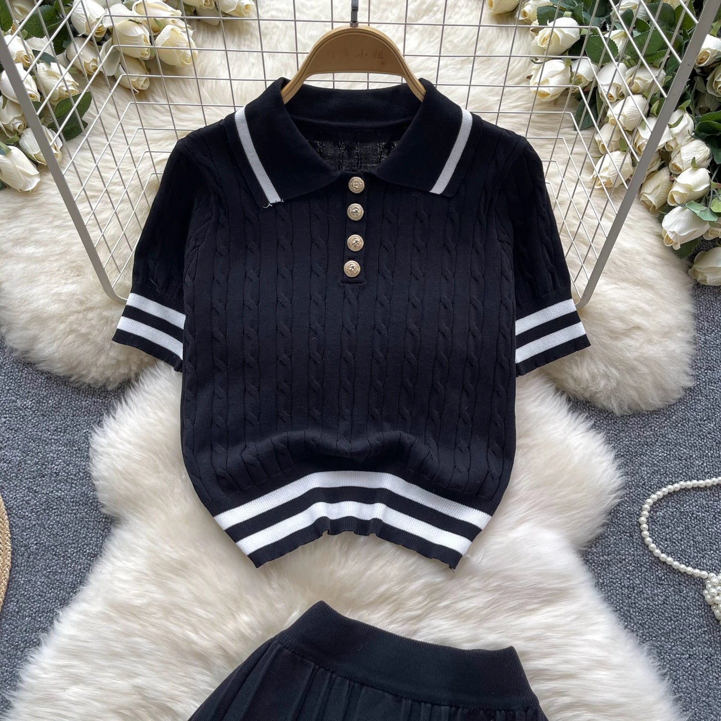 Newest Knitting Two Pieces Sets Button Vintage Basic Tops + High Waist Pleated Skirt Women Fashion 2pcs Suits