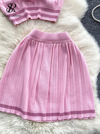 Newest Knitting Two Pieces Sets Button Vintage Basic Tops + High Waist Pleated Skirt Women Fashion 2pcs Suits