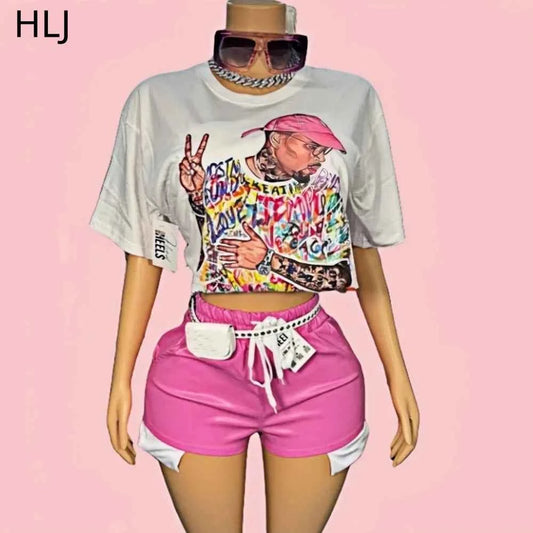 O Neck Loose Tshirts + Drawstring Leather Shorts Outfits Streetwear