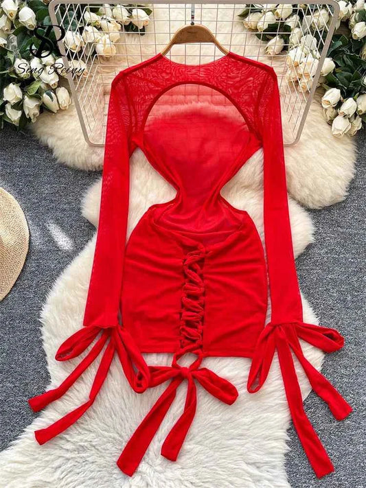 Split Swimwear Long Sleeves Hollow Out Mini Dress + Lace Up Bodysuits Sheer Vacation Bikini Sets
