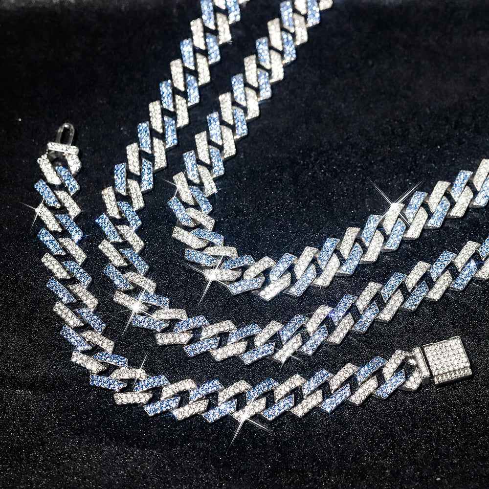 2PCS Hip Hop Cuban Blue White Chain Bracelet + Necklace Men/Women Gifts Every Day Wear Exquisite Punk Style Jewelry