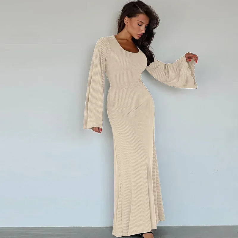 Nyala Back Bandage Lace Up Fall Flare Sleeve Maxi Dresses